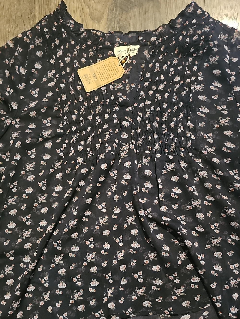 NWT Natural Life Black Floral Smocked Women Top Xsmall Small See Through Floral